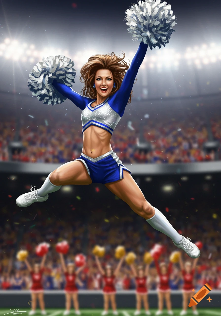 A vibrant illustration of a female cheerleader in a blue and silver uniform jumping with white pom-poms in a sports stadium.