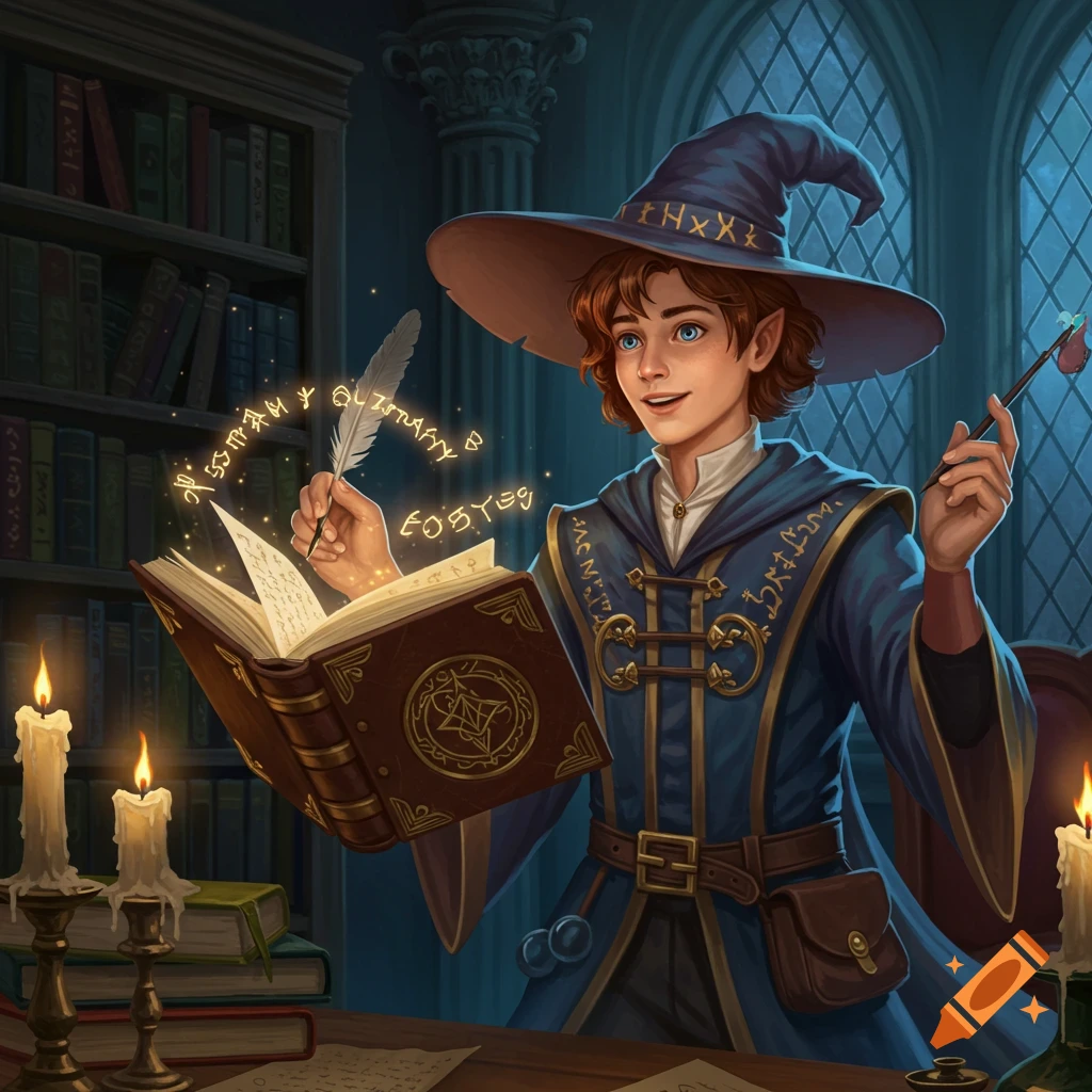 A young wizard in a blue robe writes in a floating spellbook with a quill, surrounded by glowing runes in a dimly lit library.