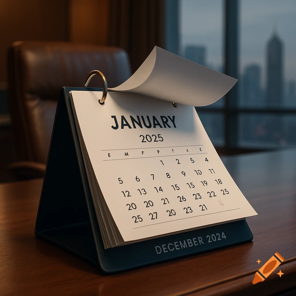 A close-up, photorealistic image of a desk calendar flipping from a December 2024 page to January 2025, set on a wooden desk with a blurred office background.