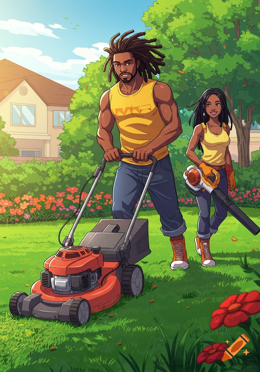 An anime-style image of a man with dreads mowing the lawn and a woman with long hair holding a leaf blower in a sunny backyard.