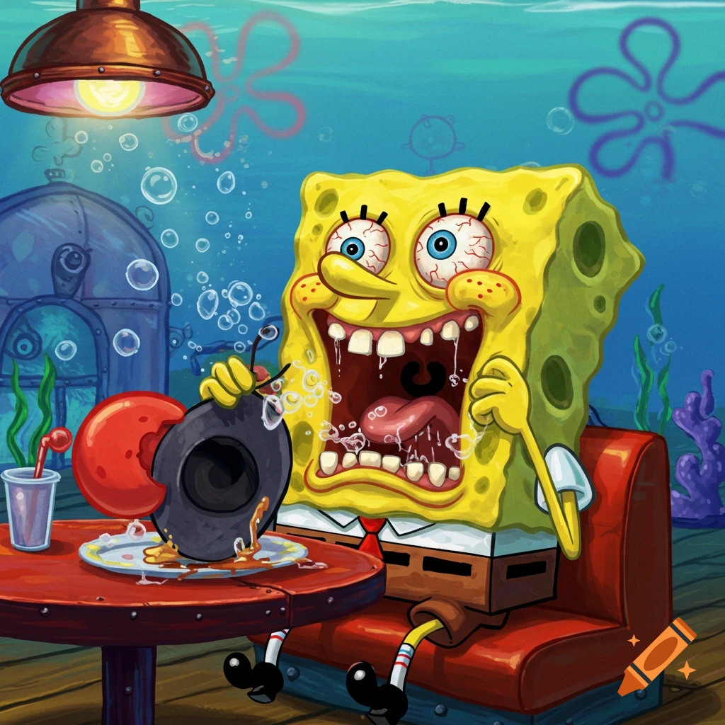 Spongebob Squarepants sits at a table in an underwater restaurant, with bloodshot eyes and foamy mouth, holding a hat over a messy plate. Cartoon style.