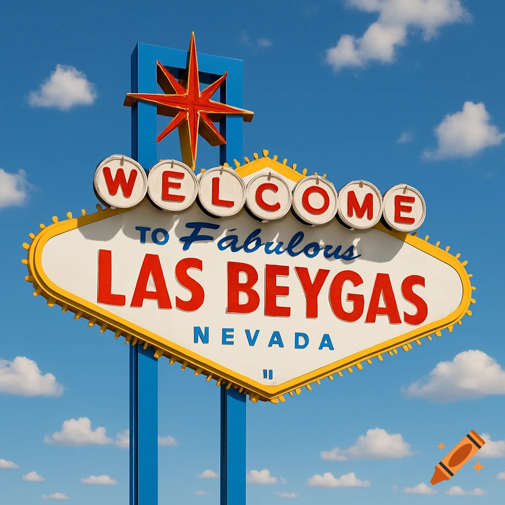 Close-up of the iconic "Welcome to Fabulous Las Beygas Nevada" sign against a clear blue sky with white clouds.