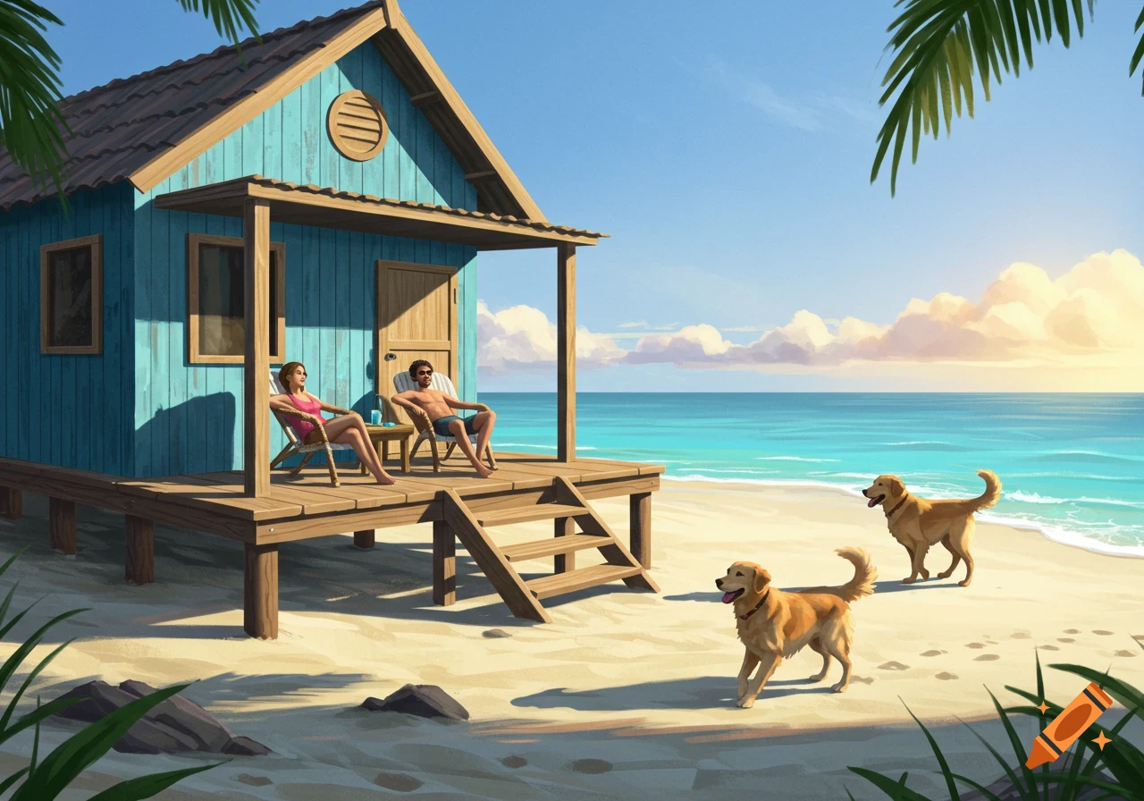 Two people relax on the porch of a blue beach bungalow while two golden retrievers play on the sandy beach by the ocean.