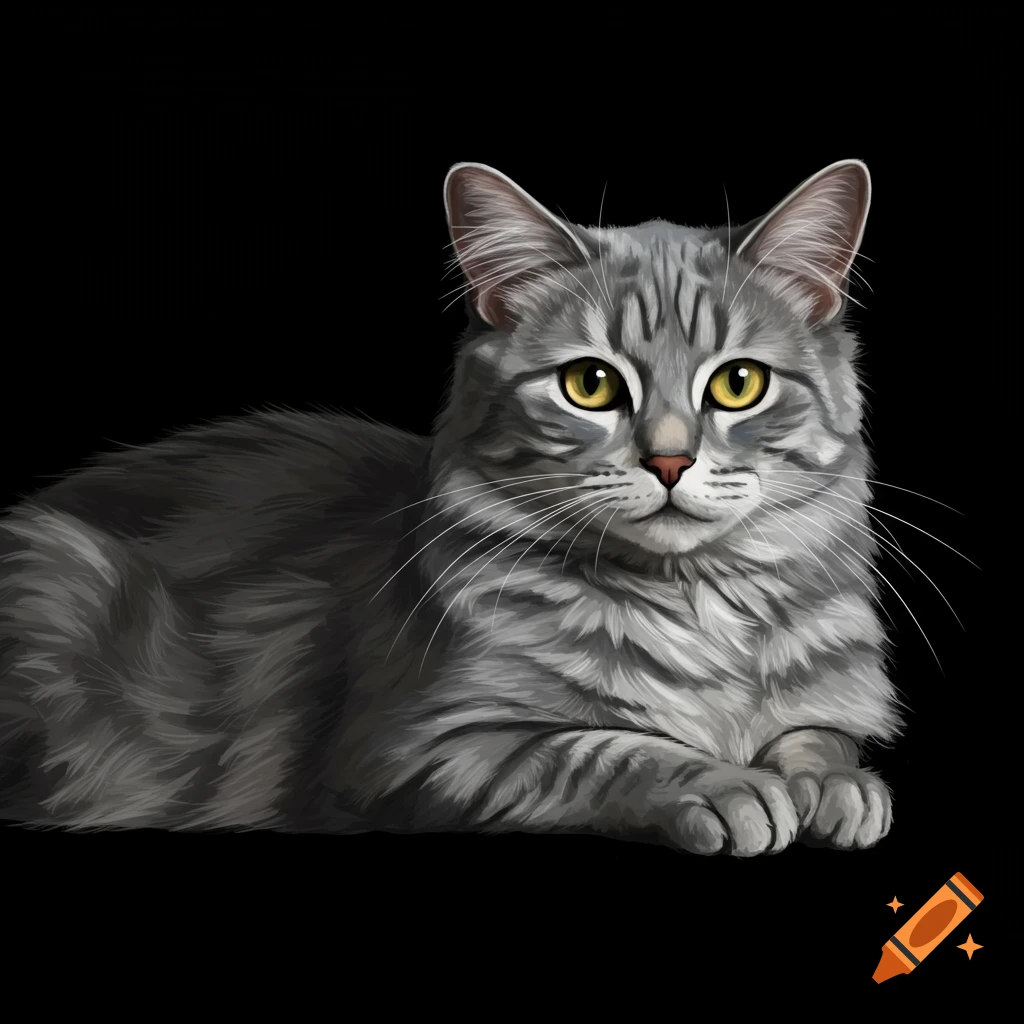 A detailed digital painting of a grey tabby cat with yellow eyes lying down on a solid black background.