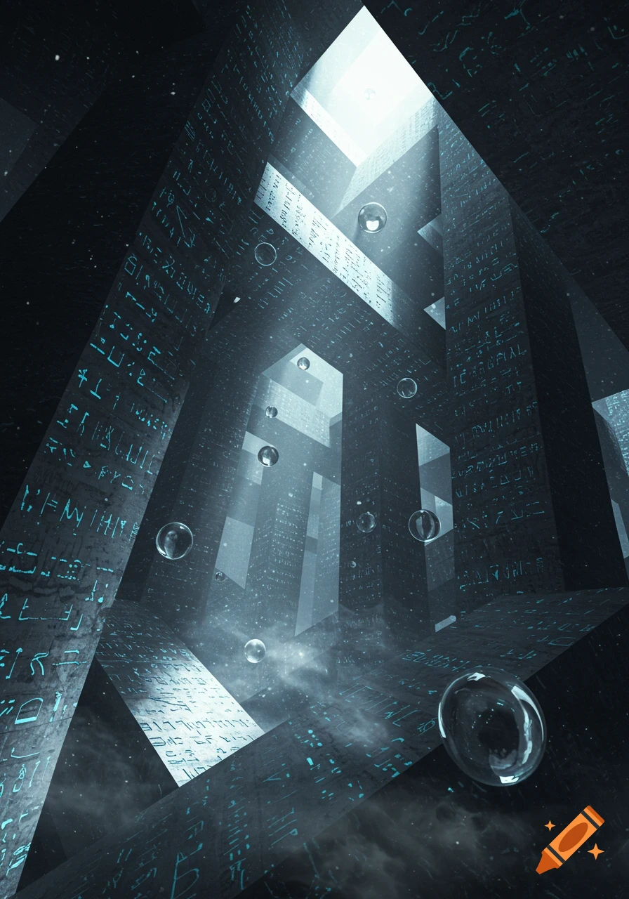 An abstract render of dark, angular passages covered in glowing blue hieroglyphs, with light beaming down and ethereal bubbles floating through the space.
