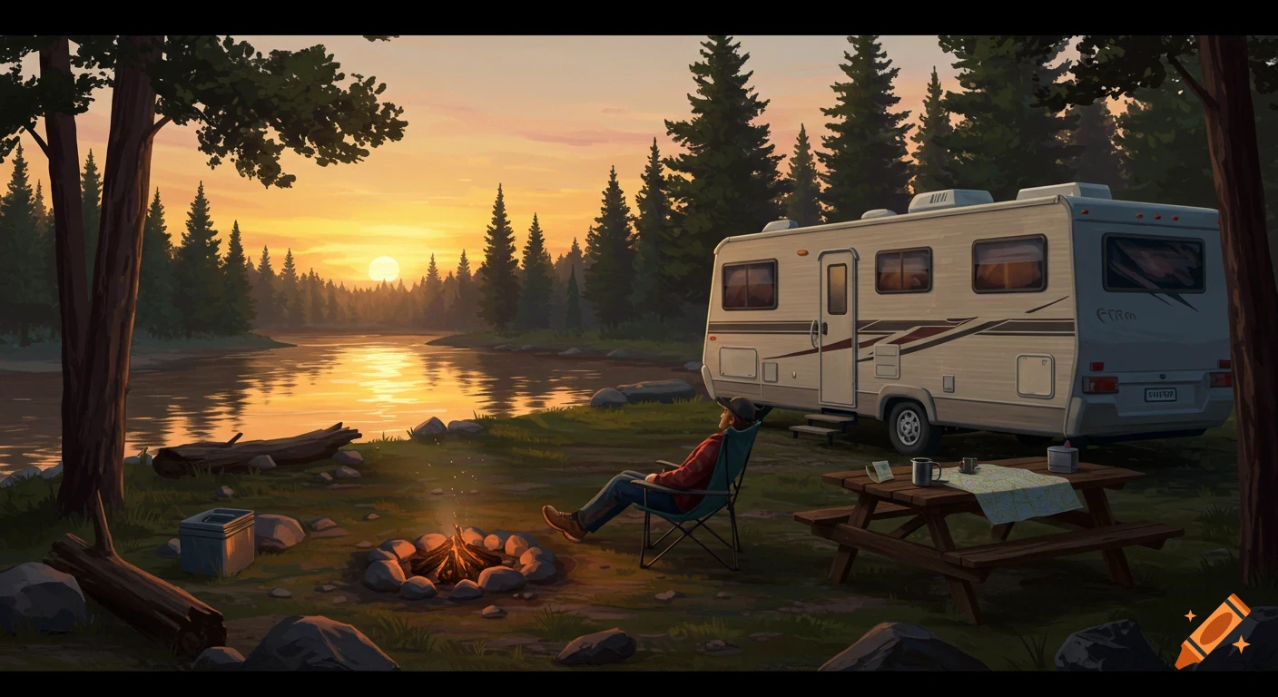 An illustration of a person camping by a river at sunset, with an RV and campfire in a forest.