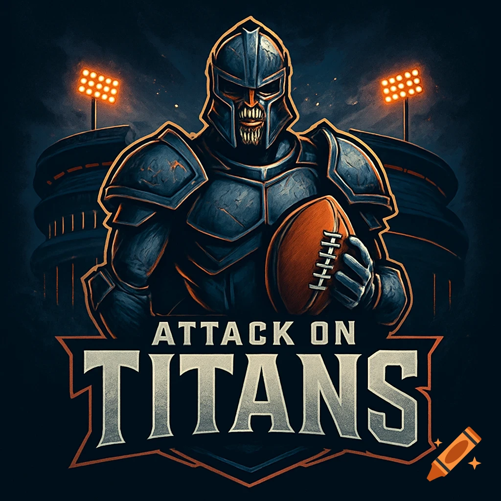 A stylized logo featuring a menacing armored figure with a monstrous face, holding a football, in front of a stadium under floodlights. The text "ATTACK ON TITANS" is prominently displayed below.