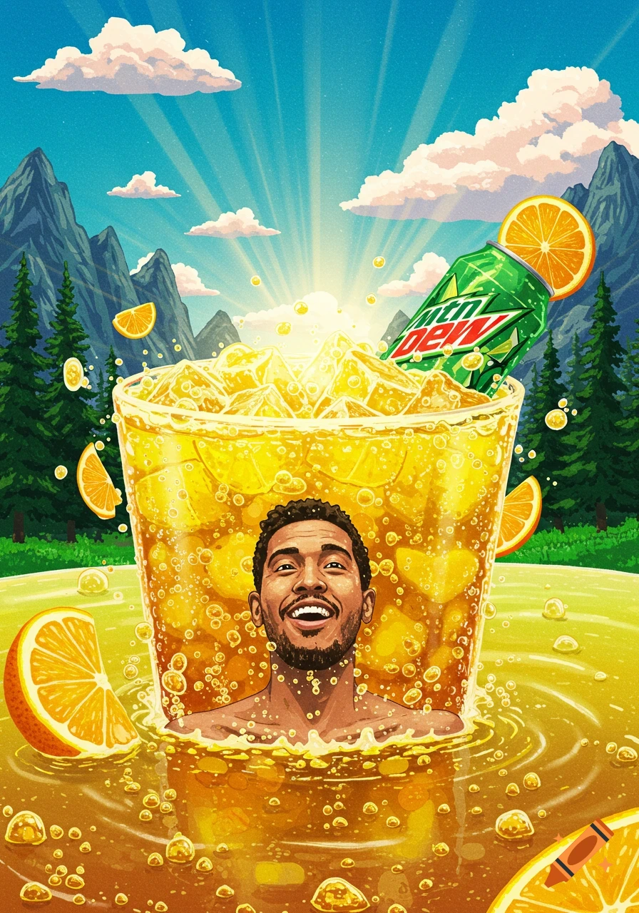 Smiling man bathing in a giant glass of Mountain Dew with ice and orange slices, set in a mountain landscape. Stylized art.