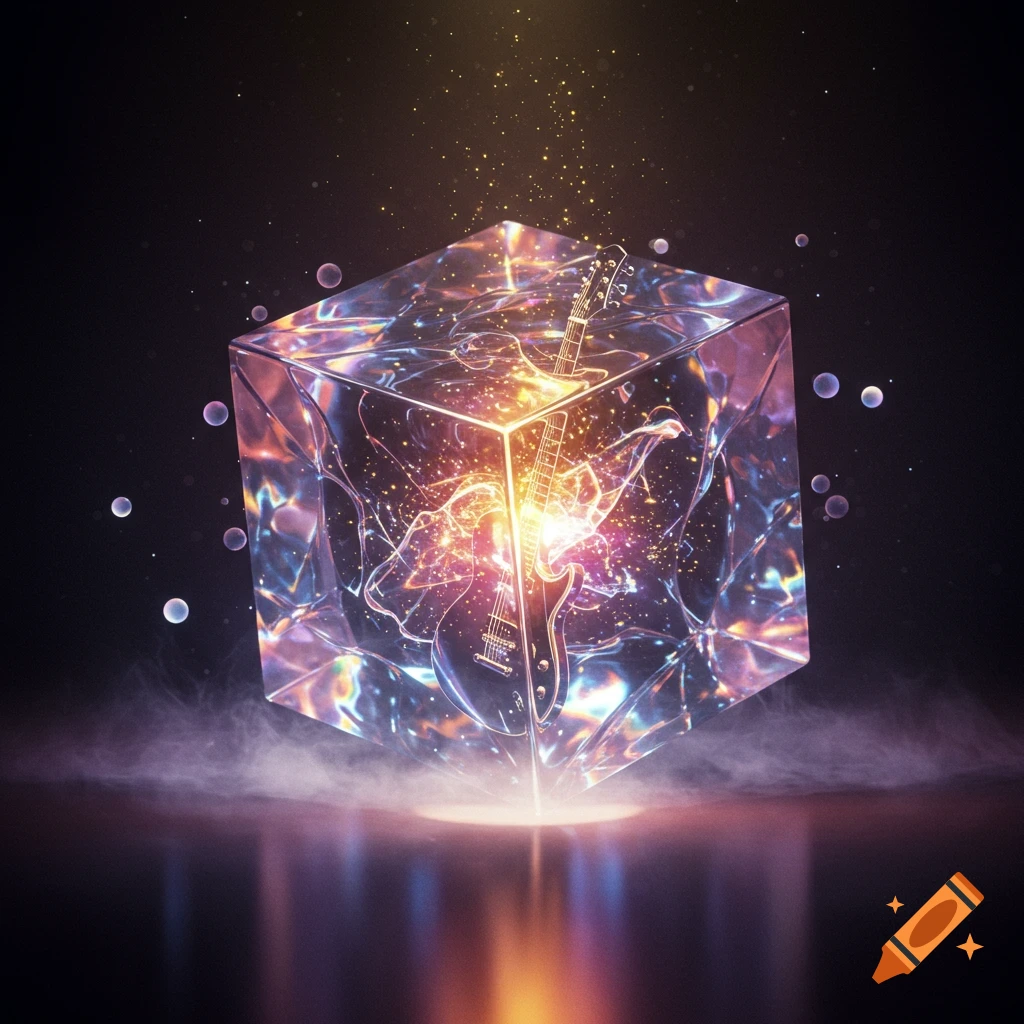 An electric guitar glowing inside a transparent, sparkling cube with mist and light on a dark background.