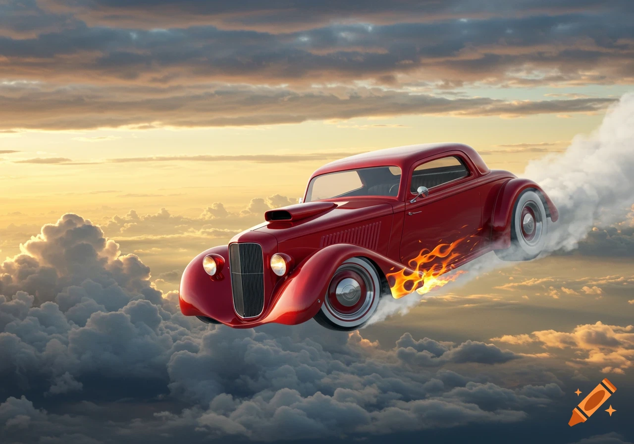 A shiny red hot rod flying through a sunset sky with flames bursting from its sides and smoke trailing behind.