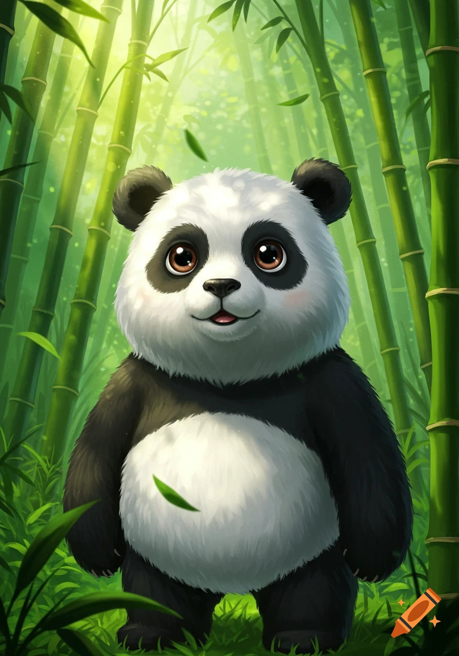 A cute, fluffy cartoon panda with large brown eyes stands in a vibrant green bamboo forest.