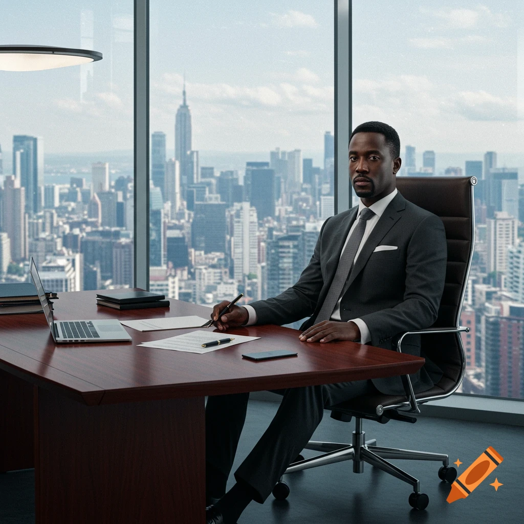 A photorealistic image of a CEO in a suit sitting at a large desk, looking forward, with a vast city skyline visible through a large window.