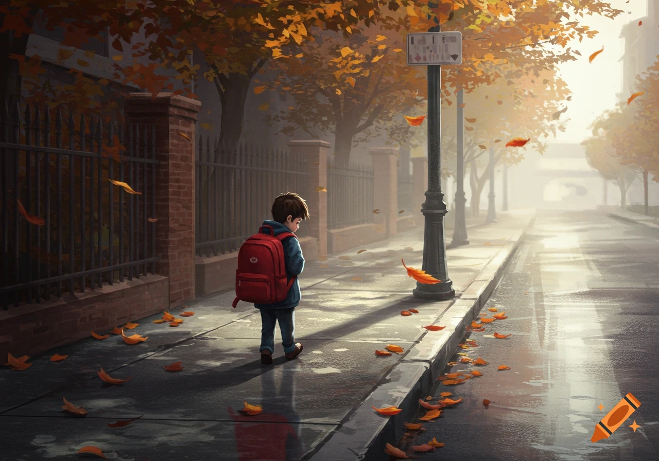 A young boy with a red backpack walks down a leaf-strewn street on a misty autumn morning, in an illustration style.