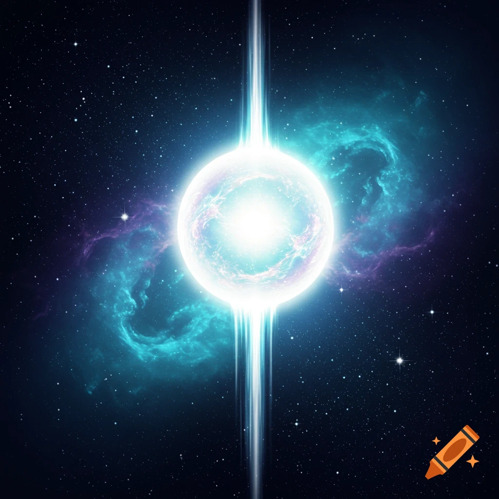 A bright, glowing celestial orb with light beams, surrounded by stars and blue-purple nebulae in deep space.