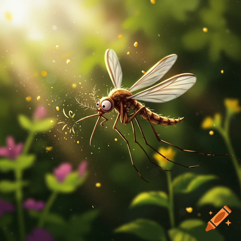 A whimsical cartoon mosquito with large eyes sneezes in a bright, green outdoor setting with pollen particles flying around.