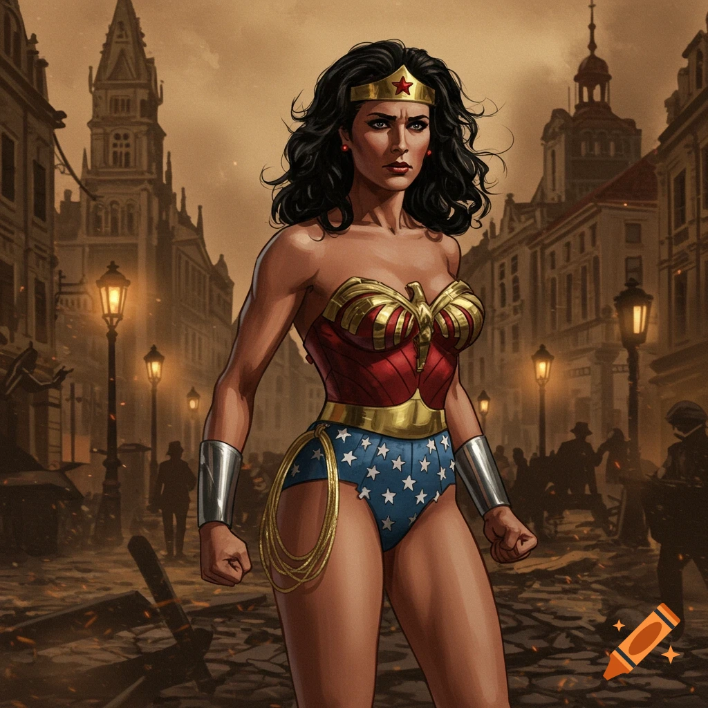 Wonder Woman stands heroically in a street amid a city in the style of a comic book illustration.