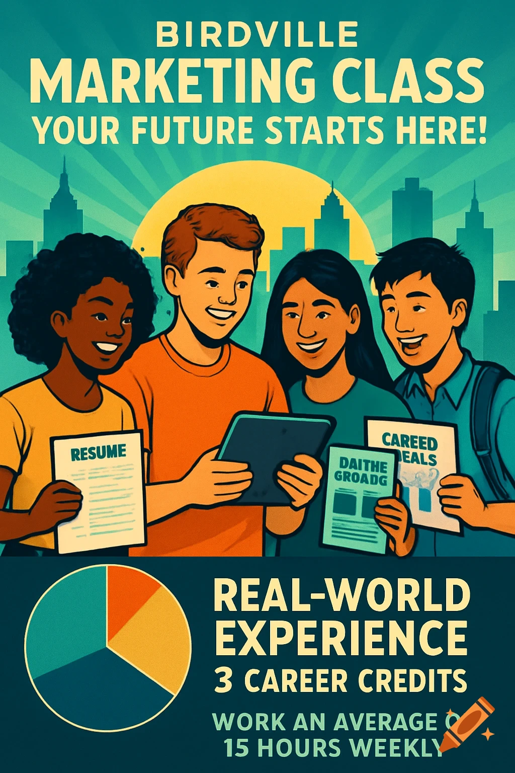 A colorful poster promoting a Birdville Marketing Class, featuring four smiling diverse students, a cityscape, and text about real-world experience and career credits.