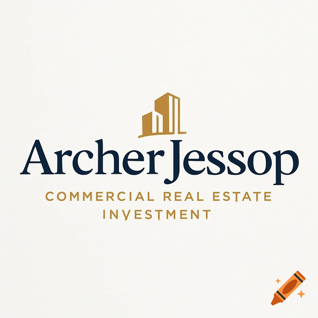 A sophisticated logo for ArcherJessop Commercial Real Estate Investment, with a gold silhouette of two buildings above dark blue text on a white background.
