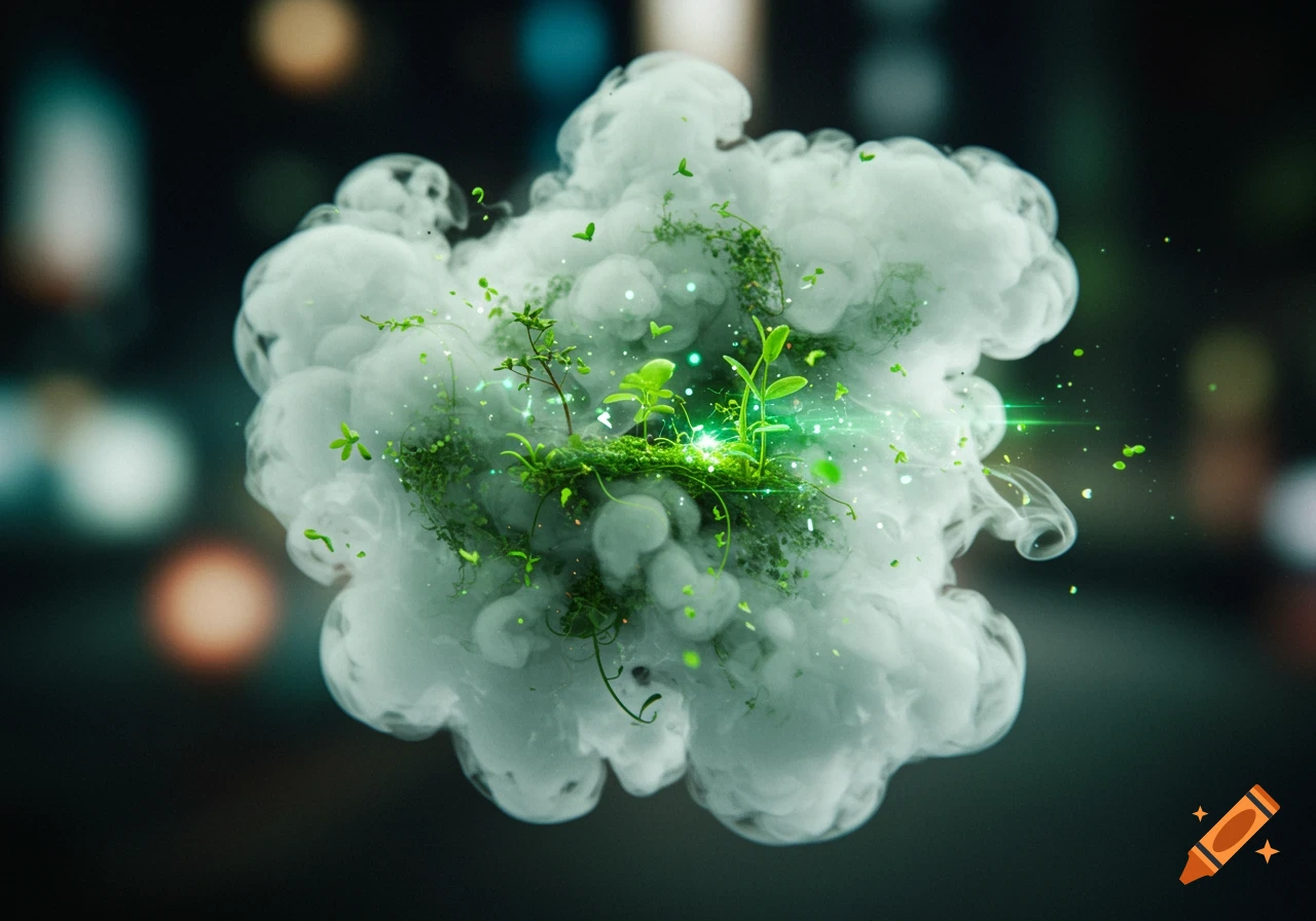 A dense white cloud of vapor with vibrant green plants and foliage emerging from its center, emitting bright green light and sparkles.