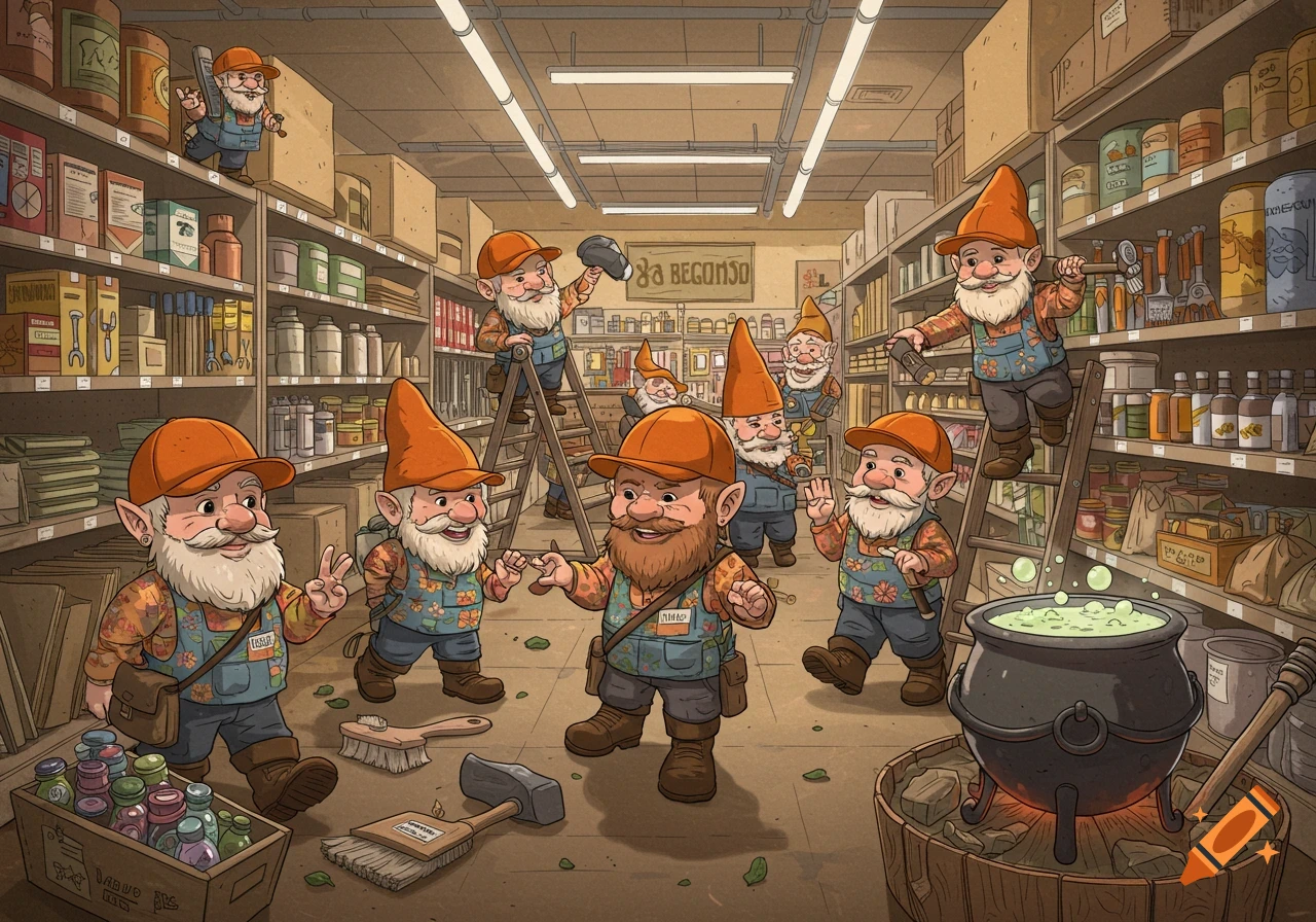 Cartoon gnomes with orange caps work in a cluttered home improvement store, some on ladders, one stirs a bubbling cauldron.