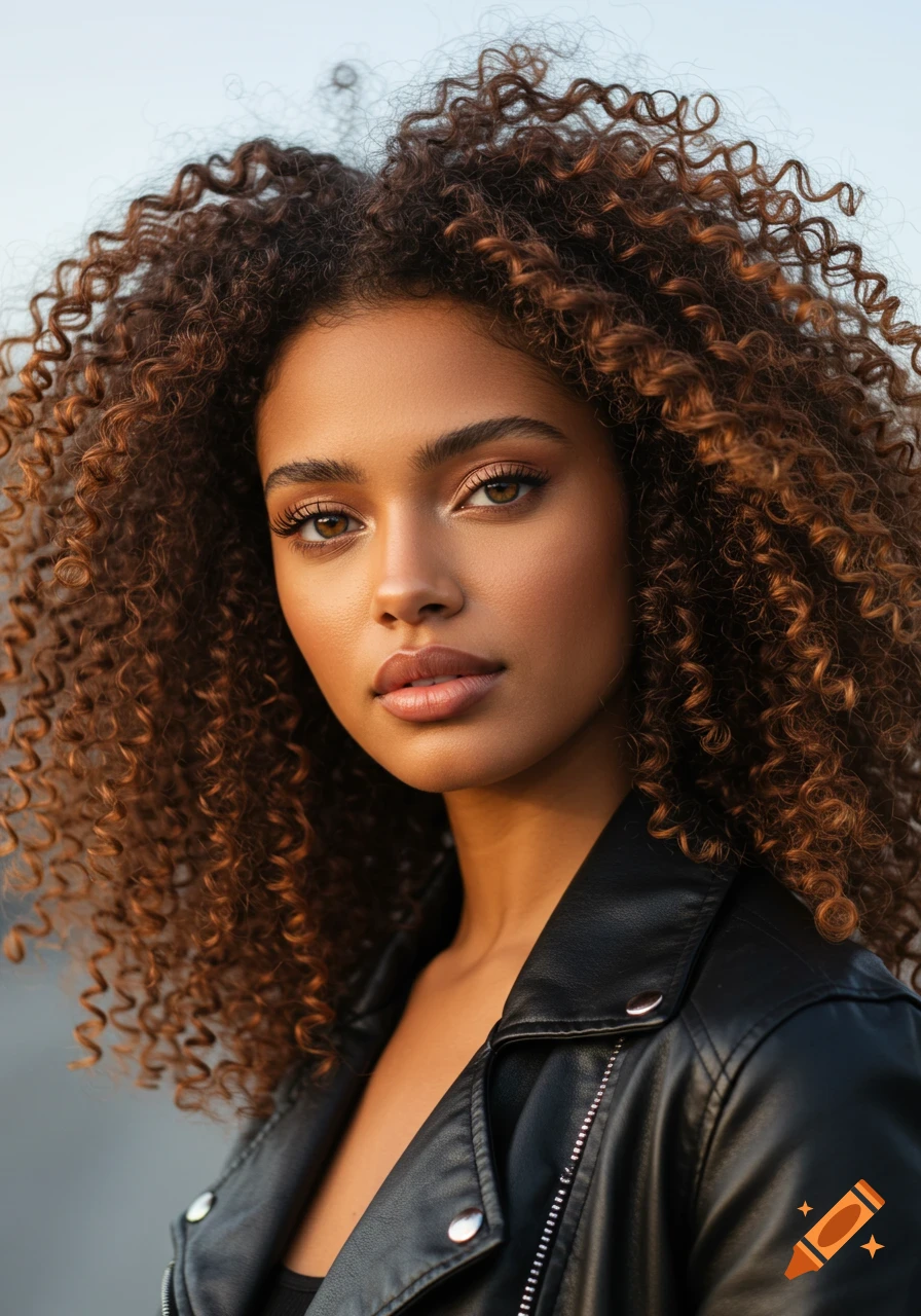 Photorealistic portrait of a young woman with curly brown hair, brown skin, and a black leather jacket.
