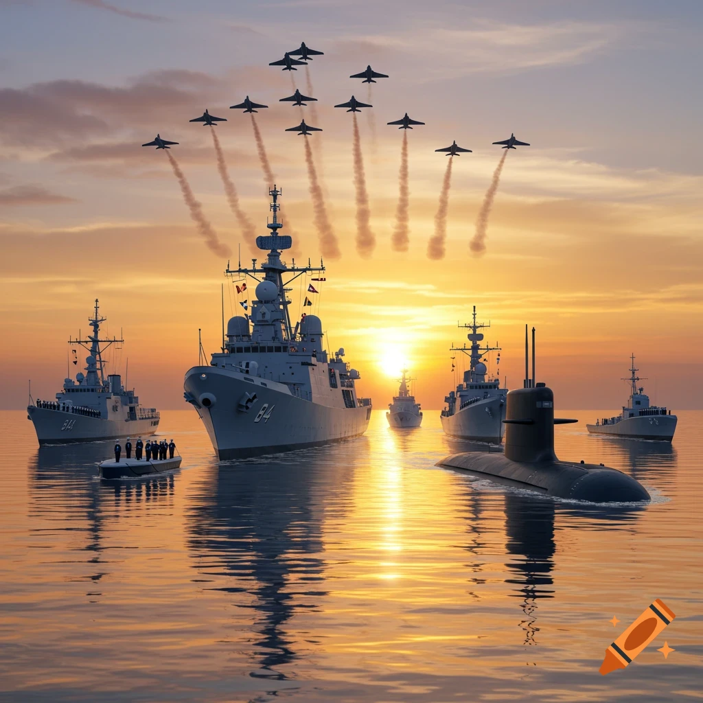 Photorealistic image of naval frigates, corvettes, and a submarine at sunset, with military jets flying overhead in formation.