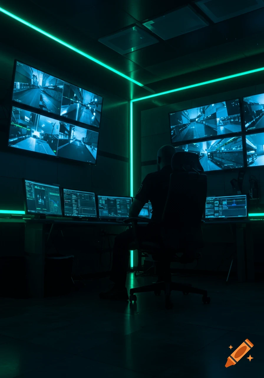 A person sits in a dark security room, illuminated by green neon lights, monitoring multiple screens displaying surveillance footage and data.