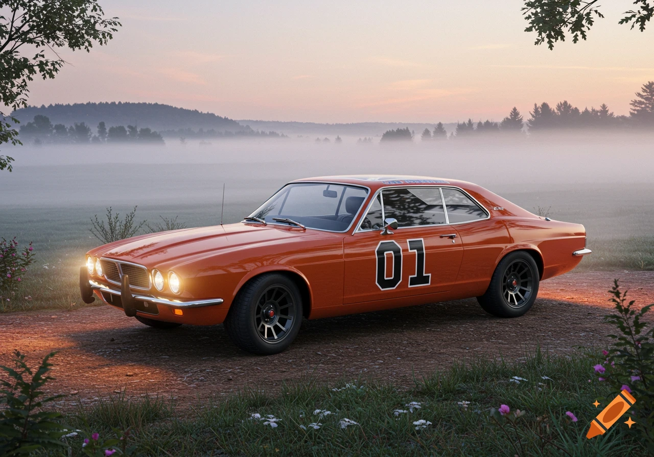 A classic orange car with the number '01' on its side, reminiscent of the General Lee, sits on a dirt road in a misty field at sunrise.