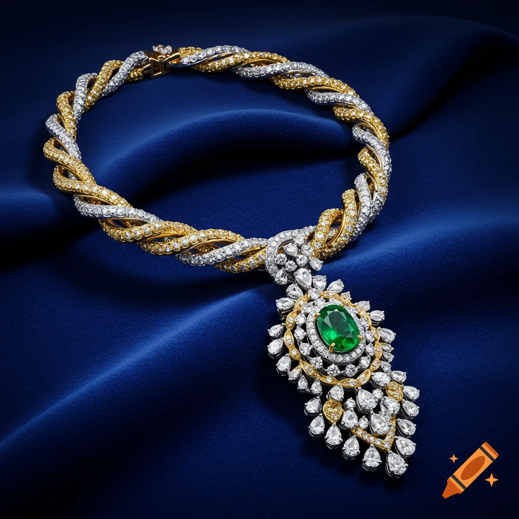 An elegant twisted gold and silver necklace with an oval emerald pendant surrounded by diamonds, resting on dark blue silk.