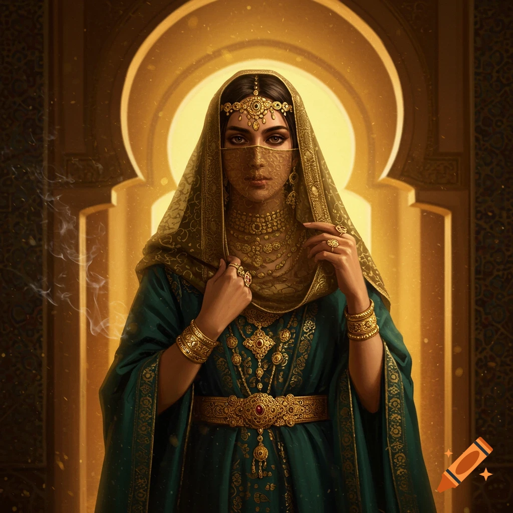 A noble Arab woman wearing a green dress, golden veil, and ornate gold jewelry stands in a golden arched doorway.