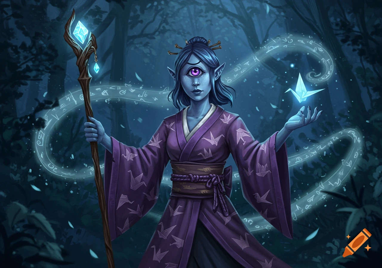 A blue-skinned cyclops wizard in a purple kimono with origami cranes, holding a staff and glowing origami crane in a mystical forest.
