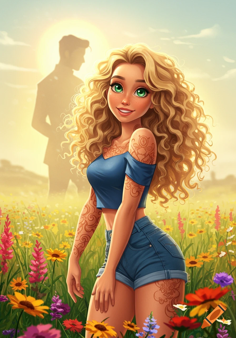 Cartoon woman with blonde curly hair, green eyes, blue top, and denim shorts stands in a field of wildflowers with a shadowy figure in the background at sunset.