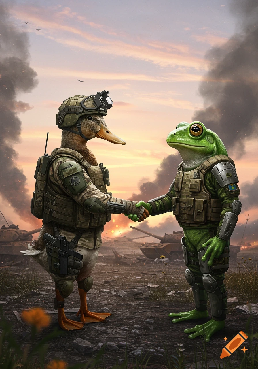 A duck and a frog wearing military uniforms shake hands on a smoke-filled battlefield with destroyed tanks under an orange sky.