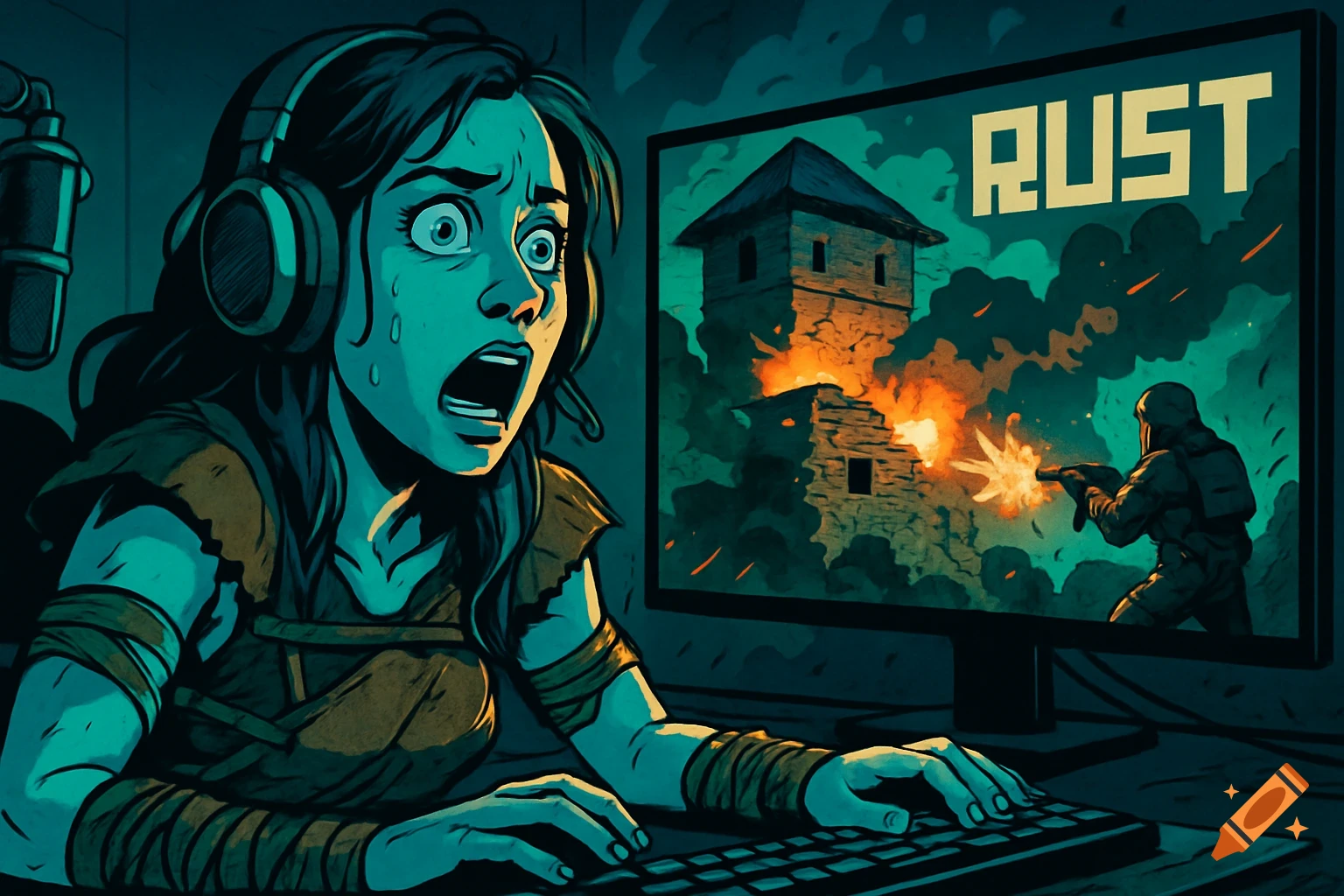 A female gamer in comic style reacts with shock while playing Rust, her base being raided on screen.