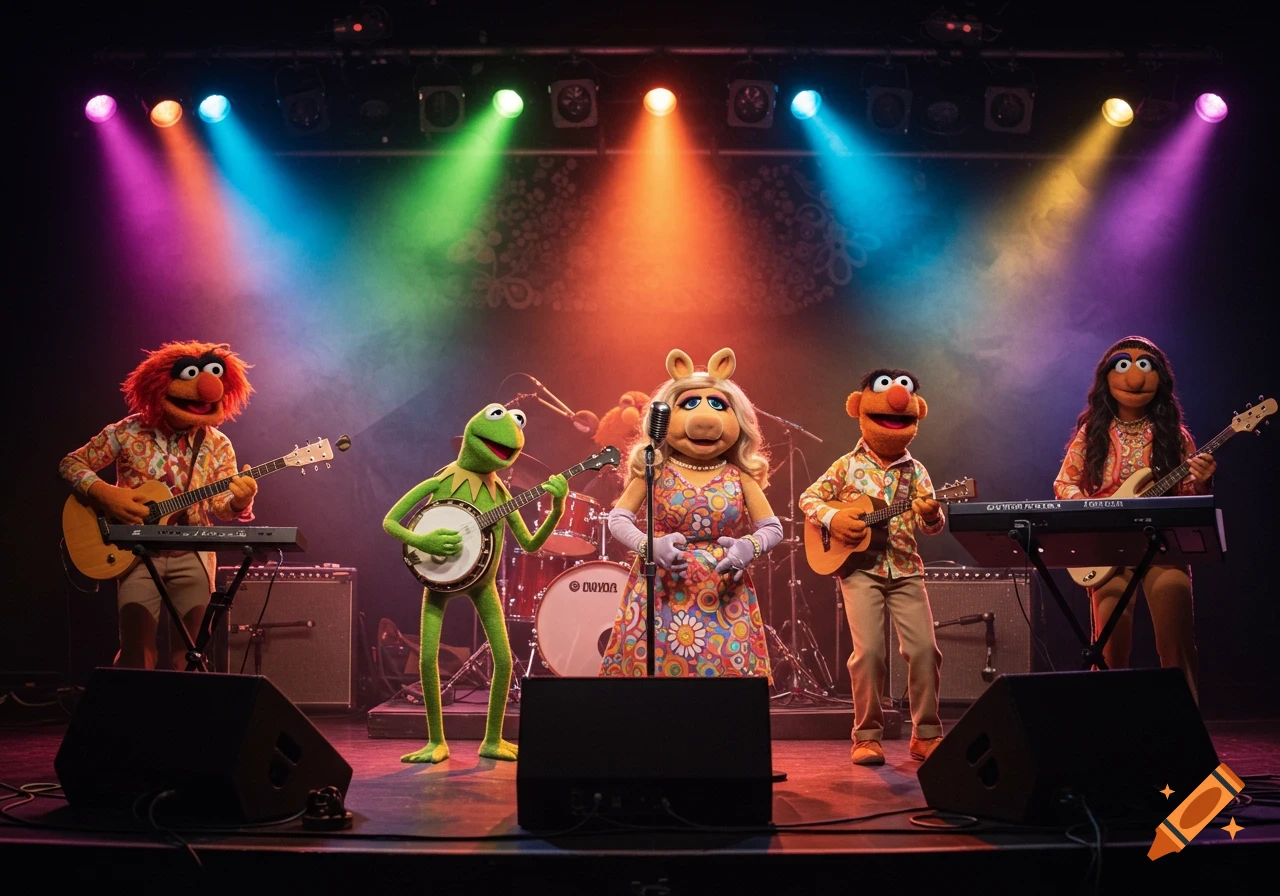 A Muppets band performs on stage under colorful spotlights, with Miss Piggy singing, Kermit playing banjo, and other Muppets on drums, guitar, and keyboard in 60s style.