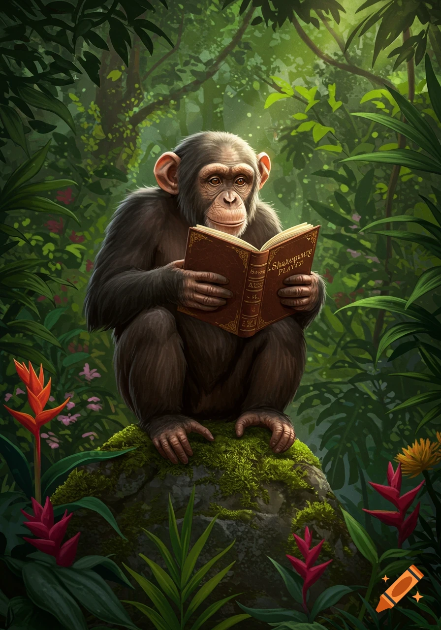 An illustrative image of a chimpanzee sitting on a mossy rock in a jungle, intently reading a brown book titled 'Shakespeare Plays'.