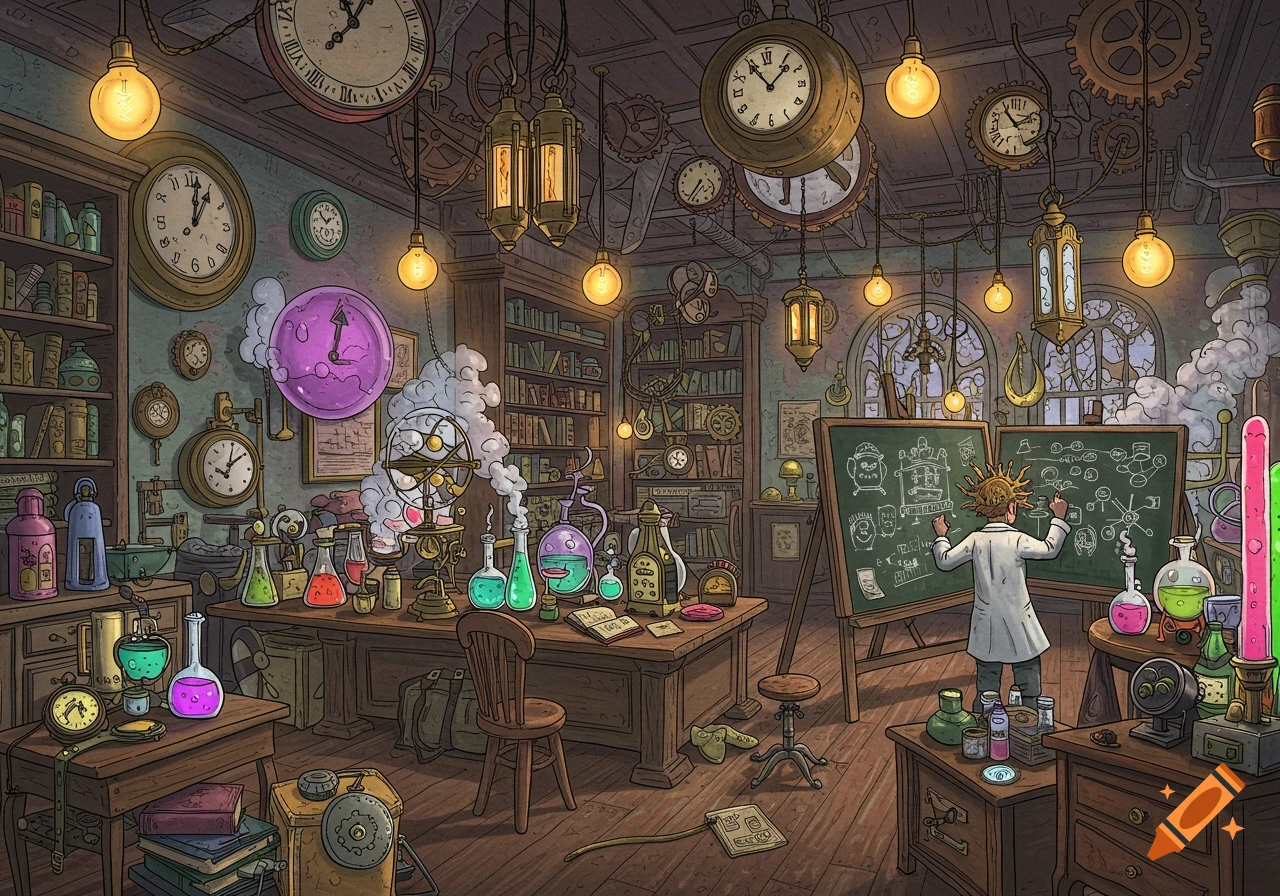 An illustration of a cluttered steampunk science lab with a scientist at a blackboard, gears, clocks, and bubbling beakers.