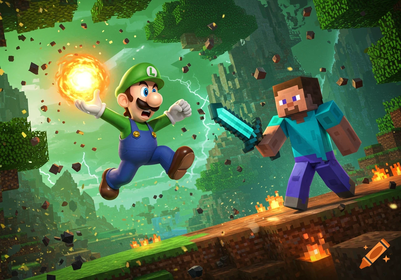 Luigi, in mid-air with a fire orb, faces Steve with a diamond sword in a blocky, green Minecraft world with floating blocks.