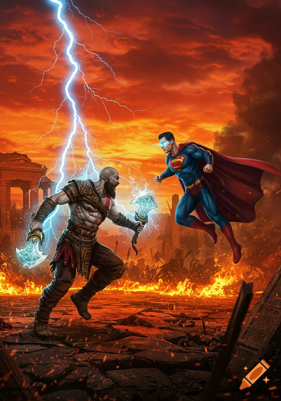 Kratos battles Superman in a fiery, lightning-struck, ruined landscape. Kratos wields glowing axes, and Superman flies with glowing eyes.