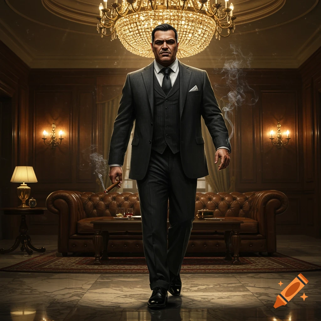 A man in a dark suit holds a cigar while walking through a grand, richly decorated room with a large chandelier.
