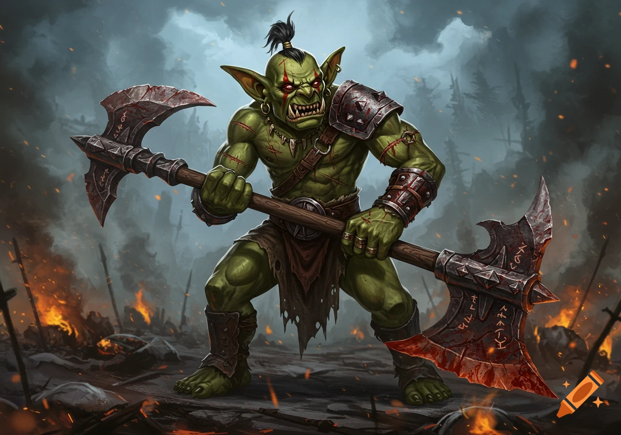 A battle-scarred green-skinned goblin or orc holding a large double-headed axe, standing amidst a fiery battleground with smoke and debris.