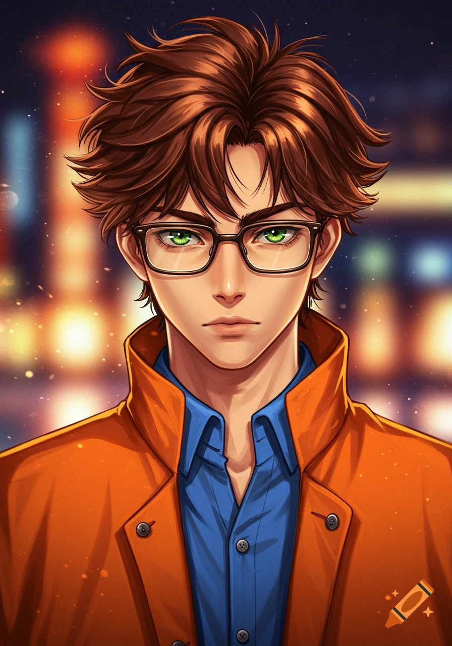Anime male character with brown hair, green eyes, glasses, orange jacket, blue shirt, and a serious expression.