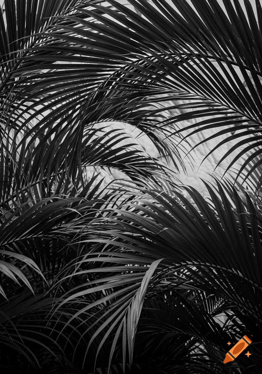 Close-up black and white photo of dense palm tree leaves.