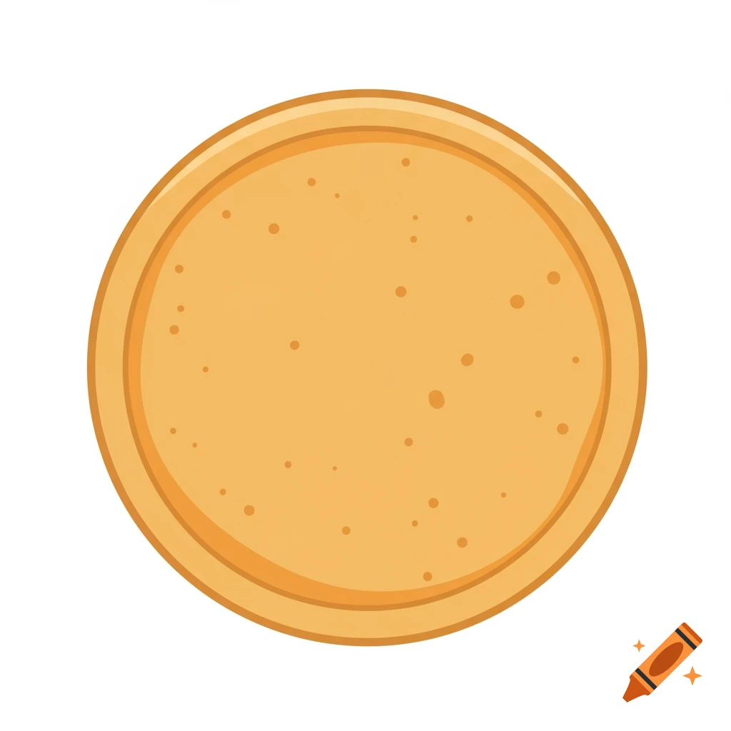 A cartoon illustration of a plain, round, light brown pizza base with speckles.