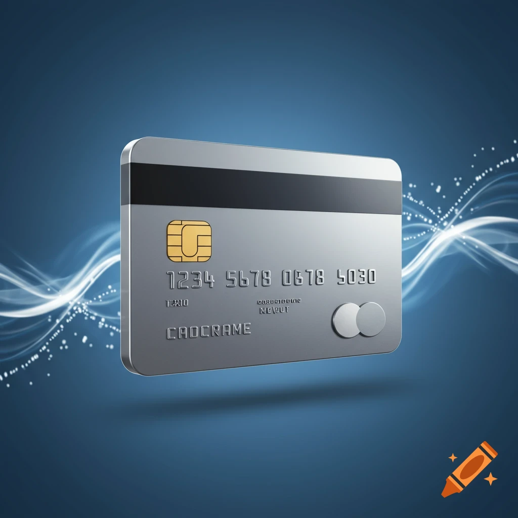 A silver credit card with a gold chip and black magnetic stripe, floating on a blue background with glowing white waves.