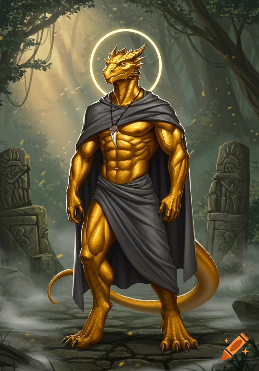 A muscular golden dragonborn man with a glowing halo, wearing a grey cloak and a dragon tooth necklace, stands in a mystical forest with ancient ruins.
