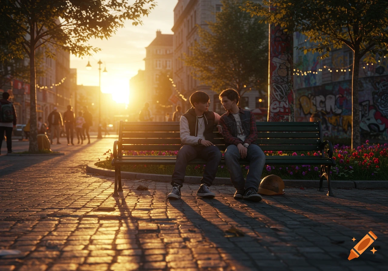 Two teenagers sit on a park bench at sunset in a bustling city street with cobblestones and graffiti.