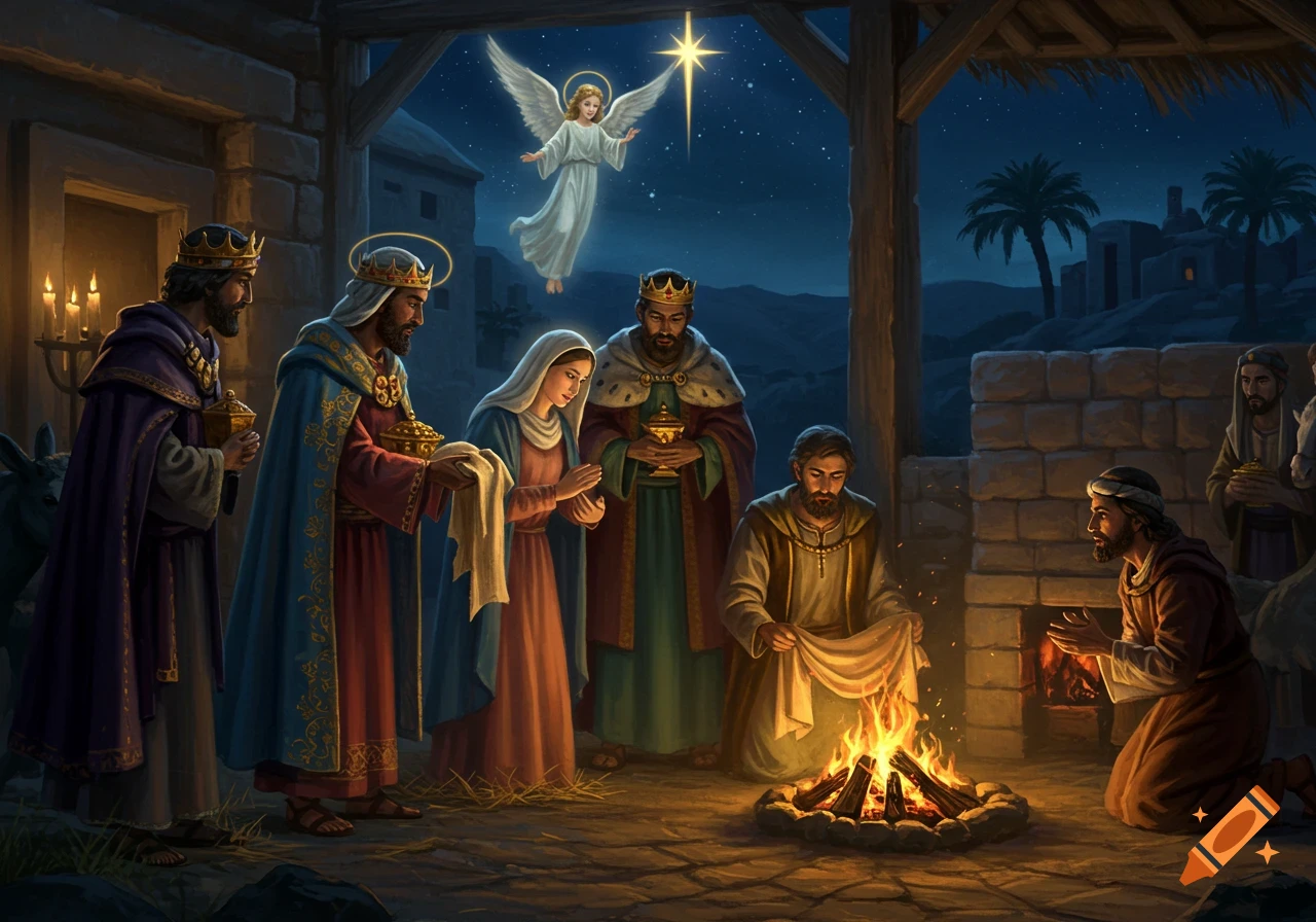 The Three Wise Men and others gather around a fire at night, with an angel and a bright star in the sky.