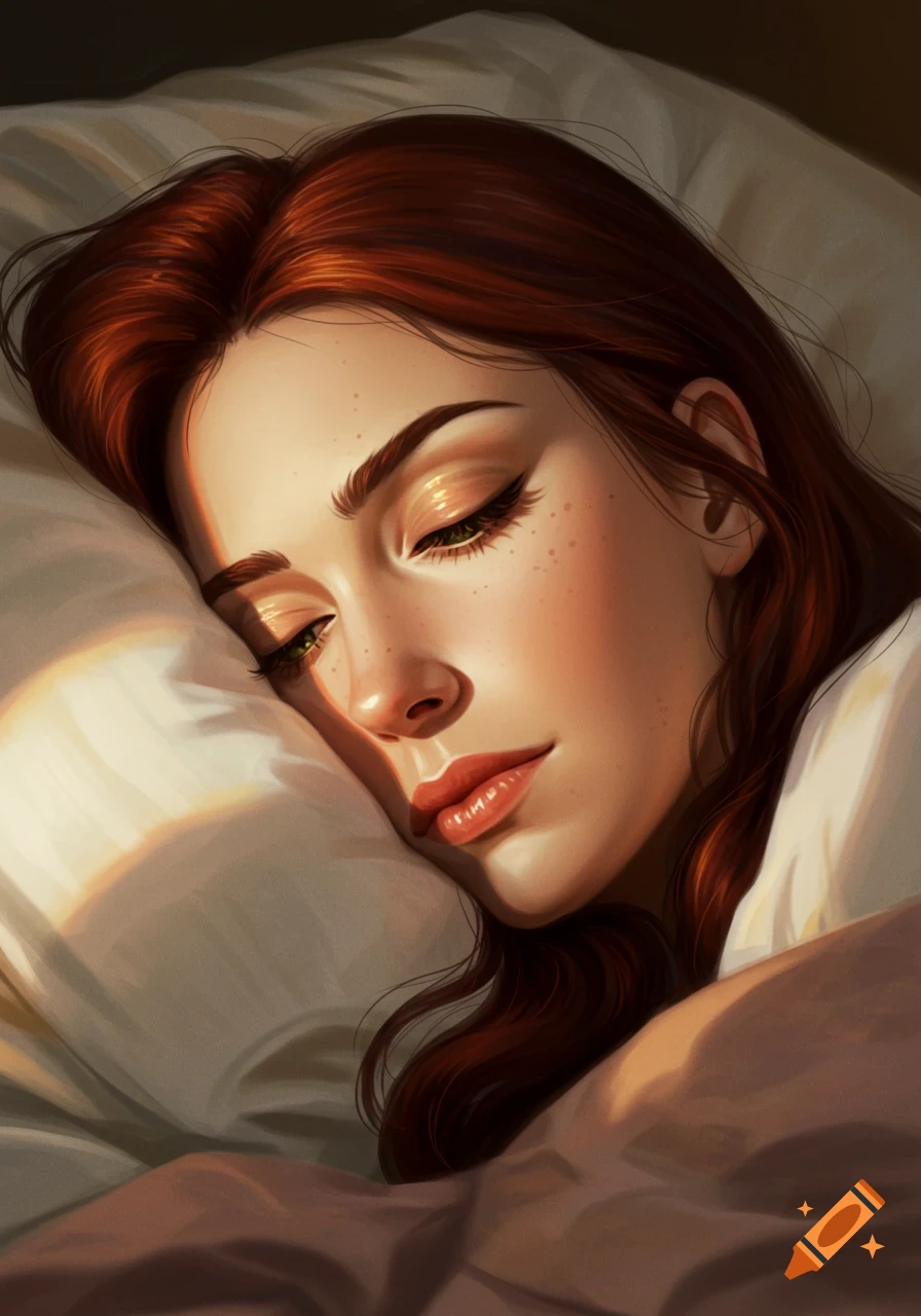 Digital painting of a red-haired woman sleeping peacefully on a pillow, with sunlight on her face.