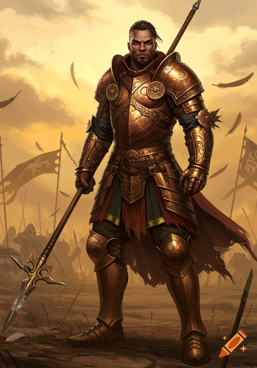 A powerful male warrior in ornate golden armor stands on a battlefield, holding a spear under a golden sky.